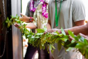 A row of people hold a ti leaf lei during a hawaiian style blessing. 